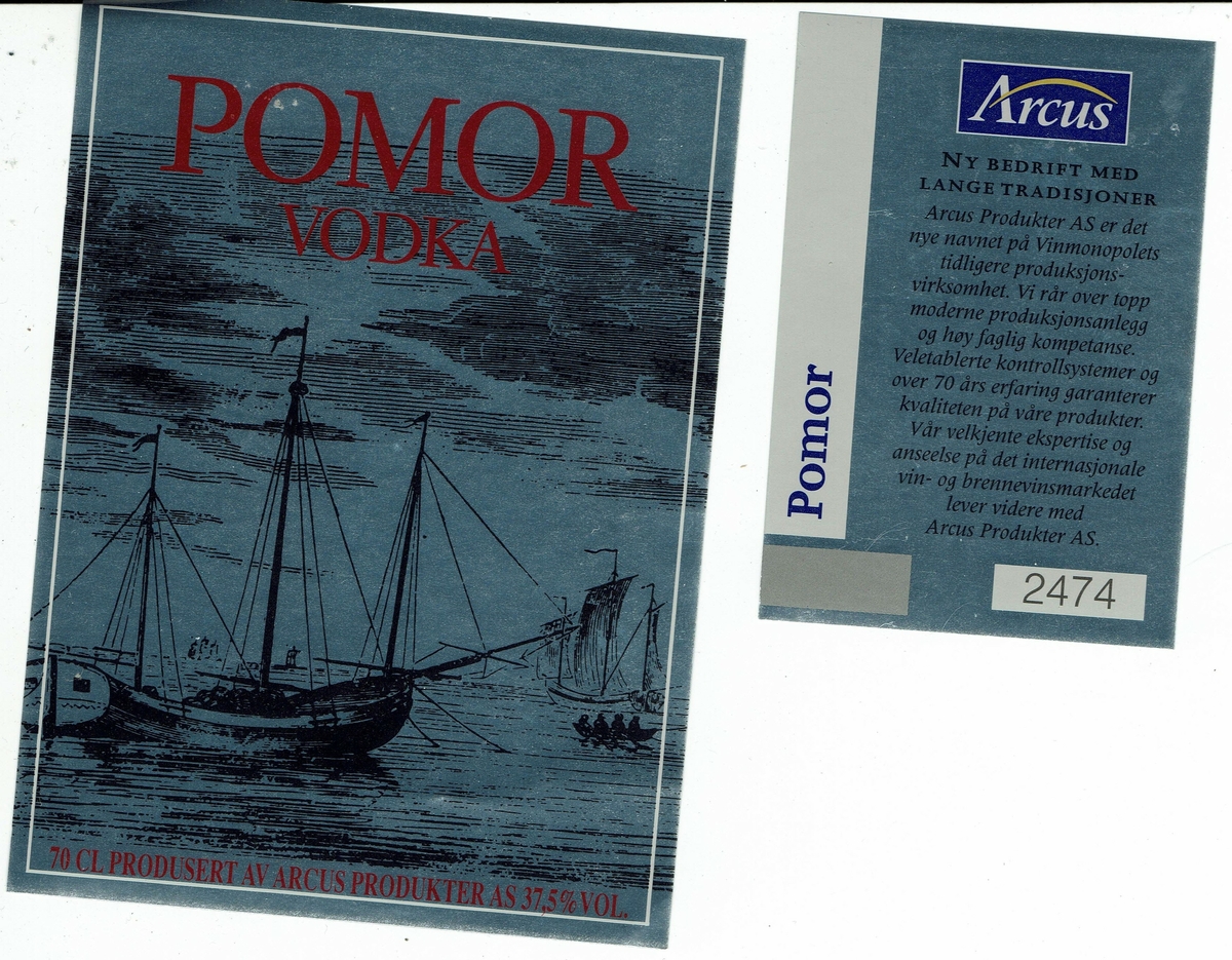 Pomor Vodka. 37.5% vol. Produsert av Arcus Produkter AS. 