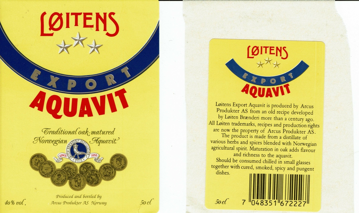 Løiten Export Aquavit. Med varemerke og medaljer. Produced and bottled by Arcus Produkter AS Norway. 40 % vol.  Engelsk tekst.  