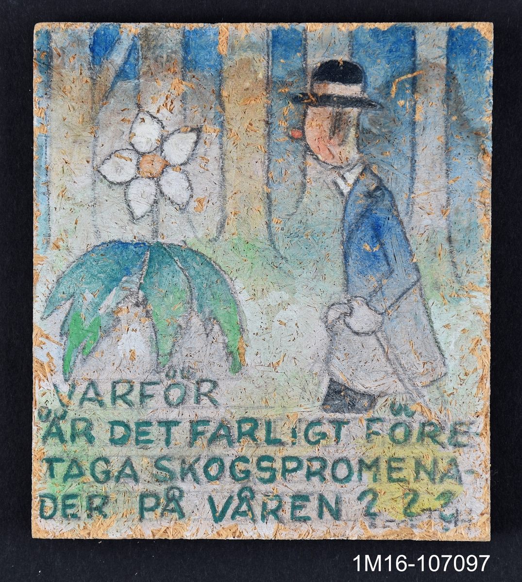 Tavla med en man med hatt och käpp i handen som är i skogen. En stor vit blomma till vänster om mannen som han eventuellt tittar på. Färgerna har bleknat.