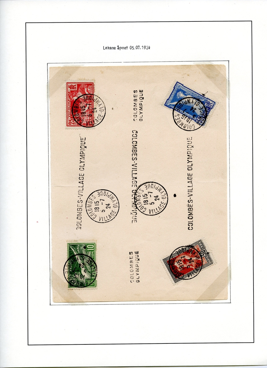 Stor konvolutt med fire olympiske frimerker fra Paris 1924. Konvolutten er stemplet på åpningsdagen den 5. juli 1924.