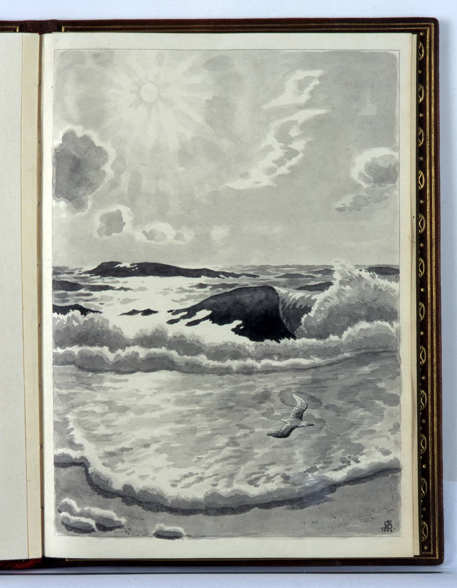 Adresse innbundet i brunt skinn med preget dekor i olivengrønt og rødt. Rød tvinnet snor i ryggen med dusker. På innsiden grønn silke med gullborder og broderte blomster.