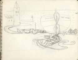 Kyst med fyrhus og båter [Tegning]