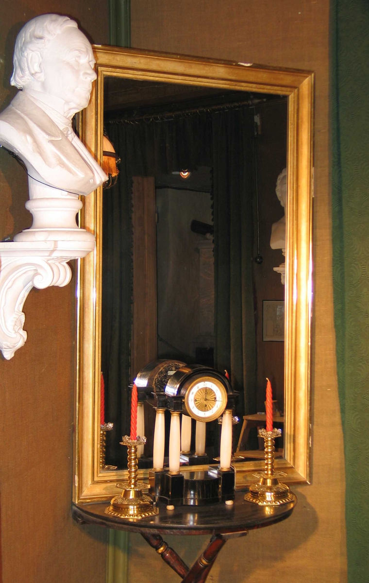 Rektangulært speil med bred, forgylt ramme. Rammen har vekslende smale og brede profiler.