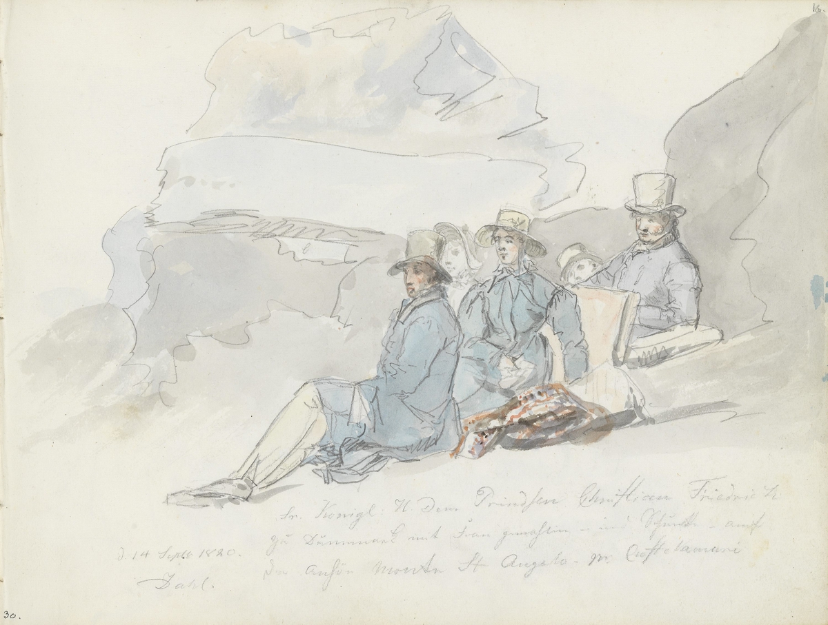 Christian Frederik, Caroline Amalie og deres følge på Monte Sant'Angelo [Tegning]
