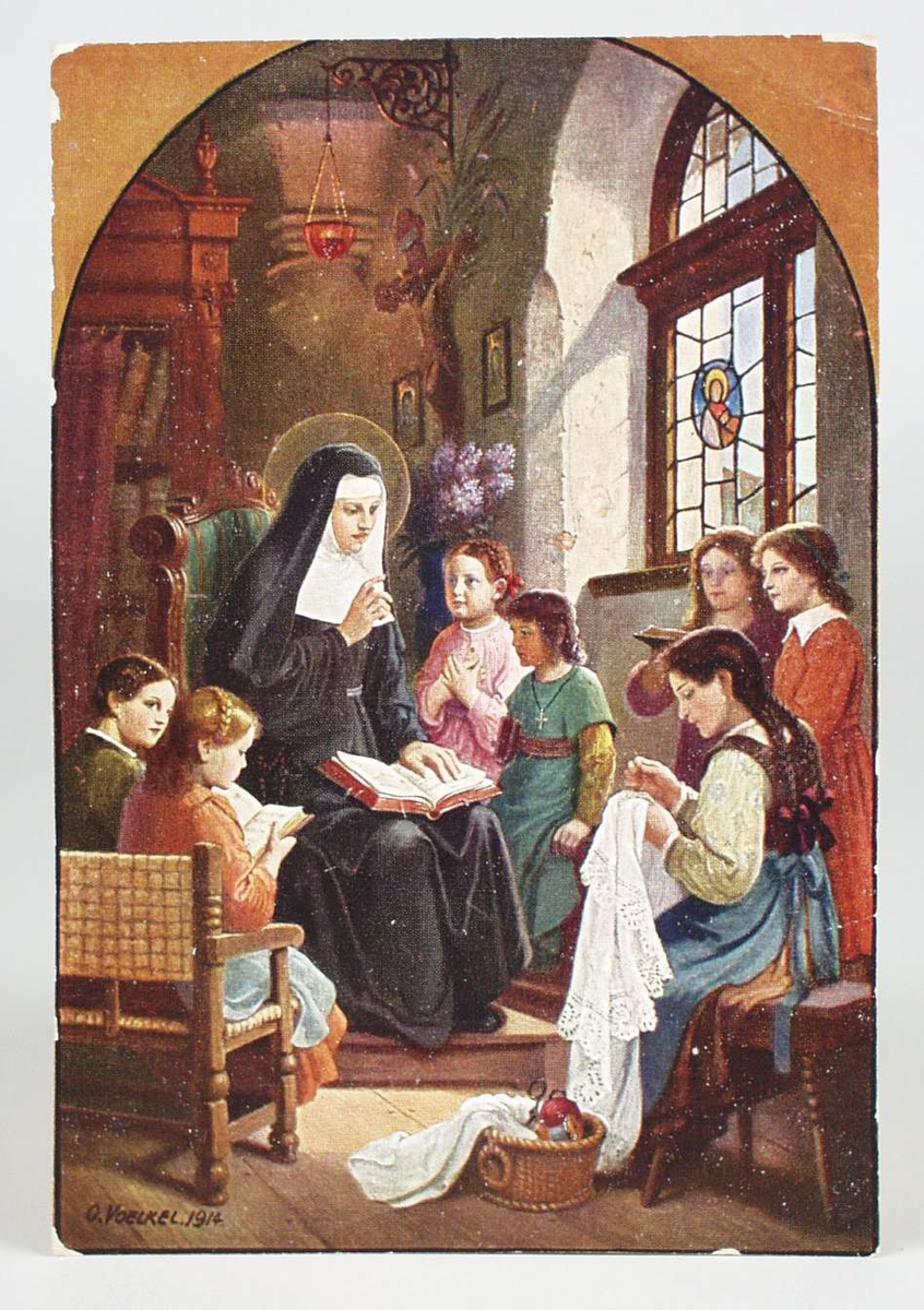En nonne med bibelen på fanget,  omgitt av lesende, syende og lyttende piker.