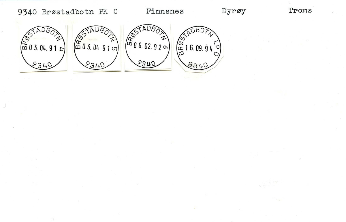 Stempelkatalog, 9340 Brøstadbotn. Finnsnes postkontor. Dyrøy kommune. Troms fylke.