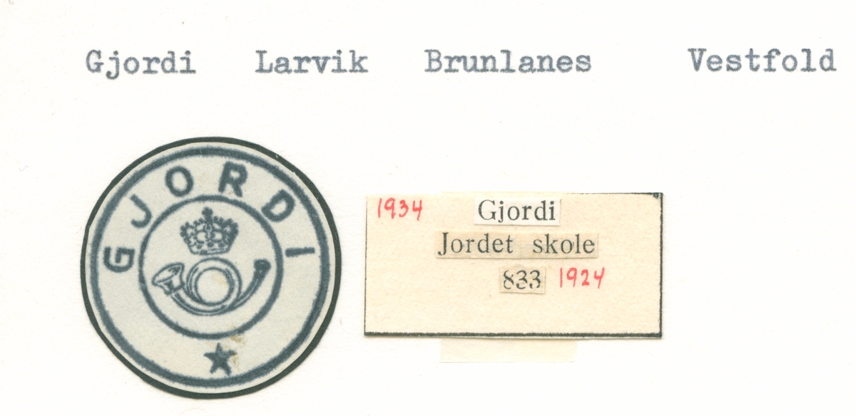 Stempelkatalog Gjordi, Larvik, Brunlanes, Vestfold