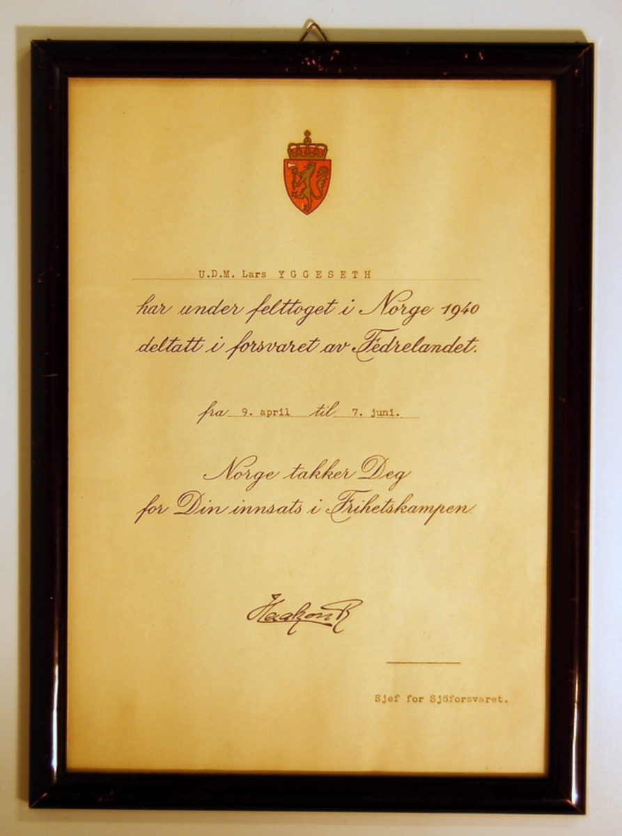 Diplom i glass og ramme