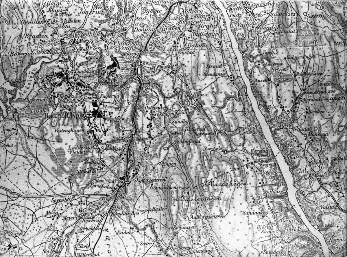 Kart over området ved Dal. Kartet er sannsynligvis fra før 1920.