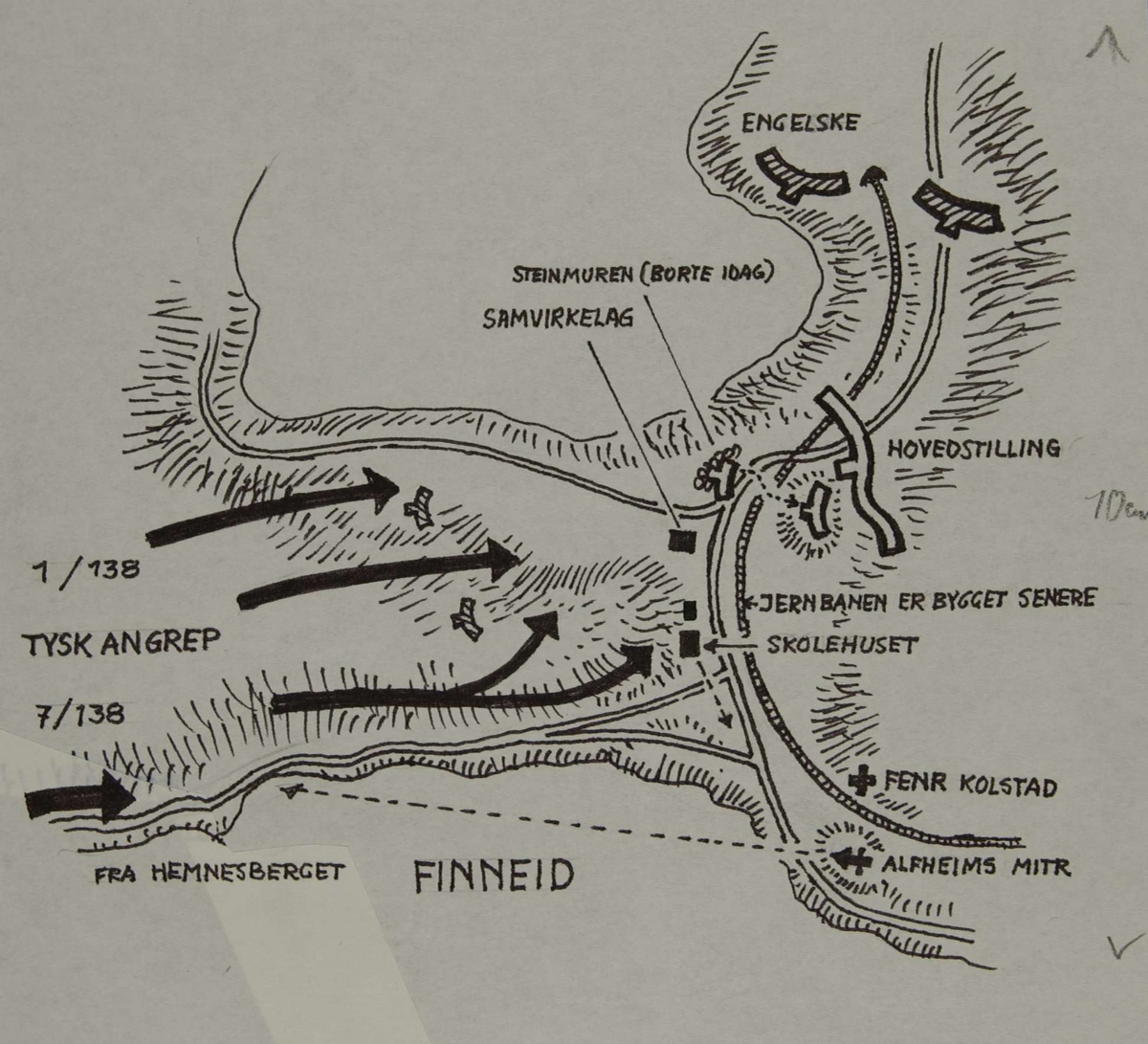 Tysk angrep ved Finneid. Tyske forflytninger og norske stillinger. Kampene i Norge 1940.