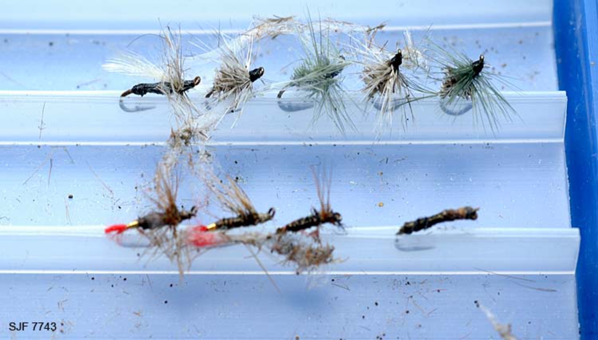 Tilstand: I forbindelse med omfotografering av gjenstander høsten 2002, oppdaget OT Ljøstad at fluene i denne esken var langt på veg ødelagte av møllangrep.  Problemet skyldes at gjenstanden har vært lagret i magasin C, der temperaturen er såpass høy at møllen trives. 
Boksen inneholder ialt 75 stk tørrfluer. Tørrfluene har den funksjon at de flyter på vannet, derfor så bustete. En meget fin boks som en setter fluene fast i, istedenfor at de ligger hulter i bulter. Giveren har skrevet ei bok med navnet "Isfiske" sammen med Knut Rom, boka ble utgitt i 1972. Giverens far var en ivrig sportsfisker og ble gitt tittelen "Den fullendte sportsfisker". 

Boksen inneholder ialt 75 stk tørrfluer. Tørrfluene har den funksjon at de flyter på vannet, derfor så bustete. En meget fin boks som en setter fluene fast i, istedenfor at de ligger hulter i bulter. Giveren har skrevet ei bok med navnet "Isfiske" sammen med Knut Rom, boka ble utgitt i 1972. Giverens far var en ivrig sportsfisker og ble gitt tittelen "Den fullendte sportsfisker". 
