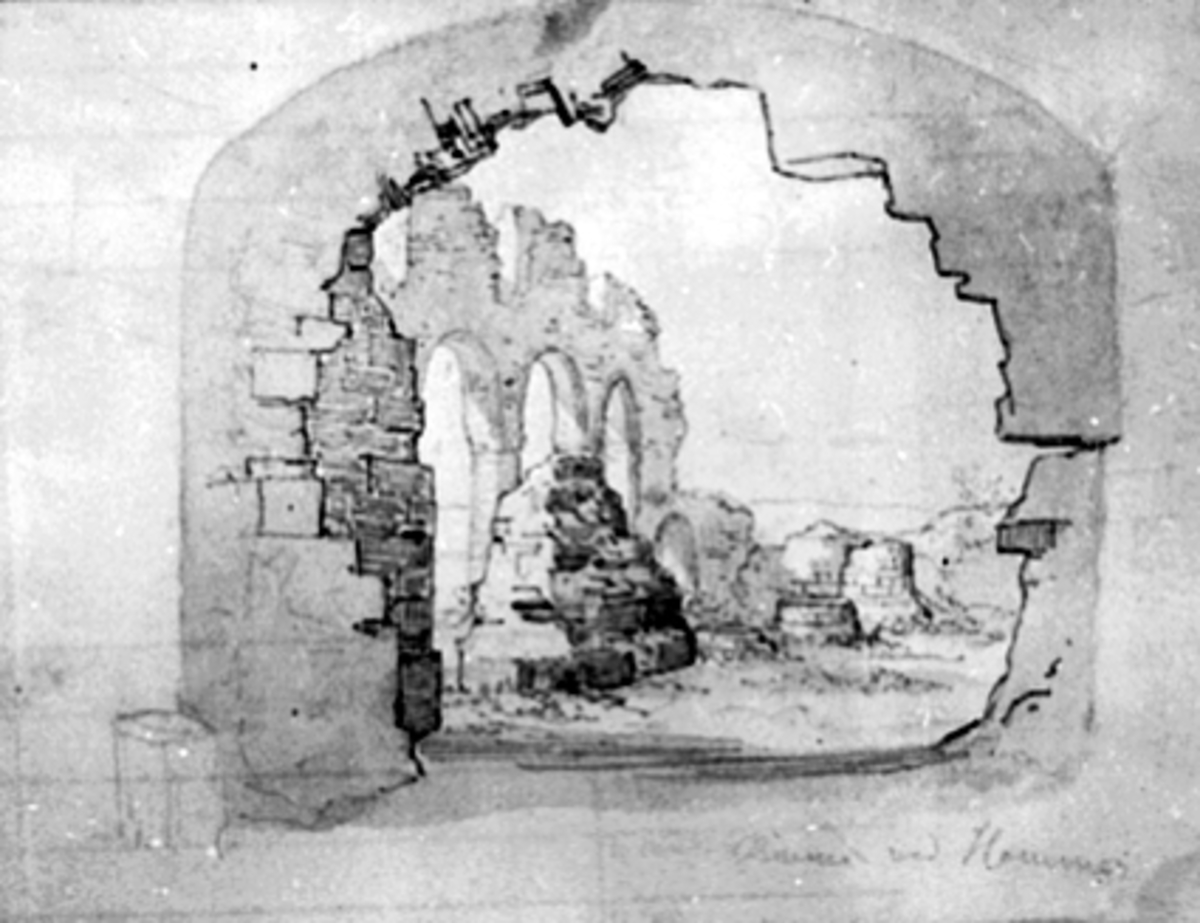 Hamar, Domkirkeruinen, Domkirkeodden, Storhamar, skisse, tegning av Joachim Frich

