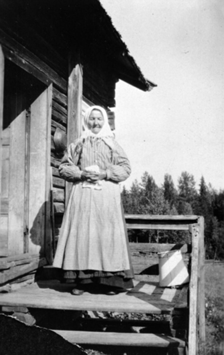 Dame med forkle og skaut, Kjersti Bekkesveen (1835 - 1927), Bekkesveen, Furnes, Ringsaker.