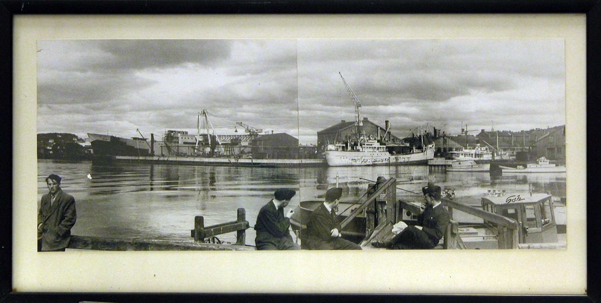 To fotografier satt sammen til ett "vidvinkel" med oversikt over TMV's havneområde, Nedre Elvehavn.
Tatt fra Tavern, vestsiden av Nidelven mot nordøst.