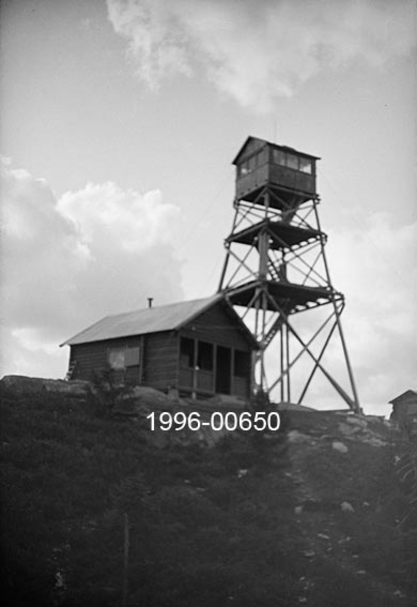 Blåenga skogbrannvakstasjon i Våler i Hedmark.  Stasjonen ligger 626 meter over havet.  Det første anlegget her ble reist av lokale skogeiere i 1907, men det tårnet som vises på fotografiet er antakelig det andre, som ble reist med støtte fra forsikringsselskapet Skogbrand i 1933.  Dette ble seinere (1951) erstattet av et ståltårn. 

Tårnet på fotografiet er en bratt pyramidal stolpekonstruksjon med kryssavstivinger i tre nivåer.  Mellom hvert nivå er den en plattform med stige som fører videre oppover mot utkikkshytta på toppen.  Dette er en bordkledd bindingsverkskonstruksjon med tettstilte vinduer i alle himmelretninger og saltak. Til venstre for tårnet ses ei enetasjes laftehytte med veranda foran inngangsdøra i gavlenden.  Hytta tjente antakelig som oppholdssted for brannvakten. 