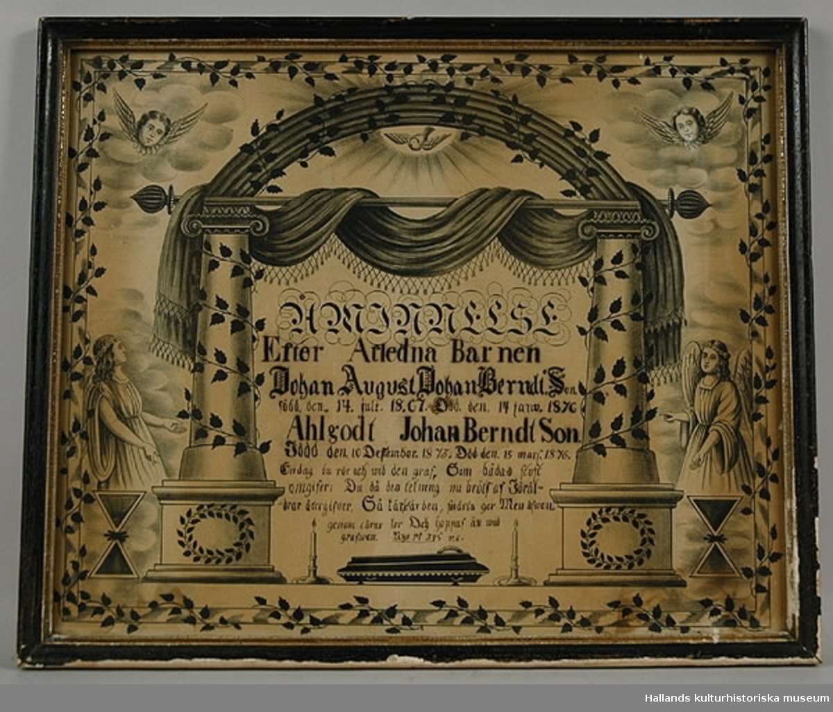 Begravningstavla. Föreställer två barn, döda 1876. Inom glas och ram.Märkning: "Johan August Johan Berndt. Son ... Ahlgodt Johan BerndtSon..."