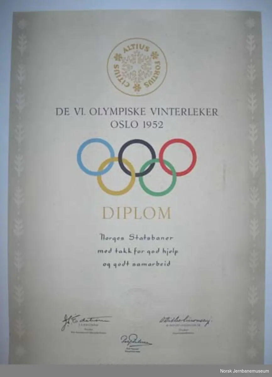 Diplom til Norges Statsbaner med takk for god hjelp og samarbeid ved de olympiske vinterleker i Oslo 1952