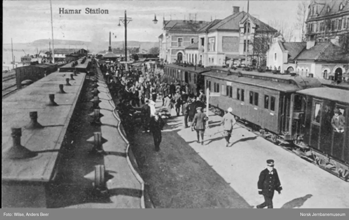 Hamar stasjon med toget fra Oslo og det smalsporede Trondheimstoget, fotografert fra taket på en vogn i Oslotoget