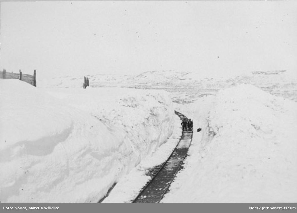 Snøforholdene (16 fot) ved brekkpunktet på Arvedalslinjen (Kongens Grubes bane) pæl 600, sett i retning Rugldalen