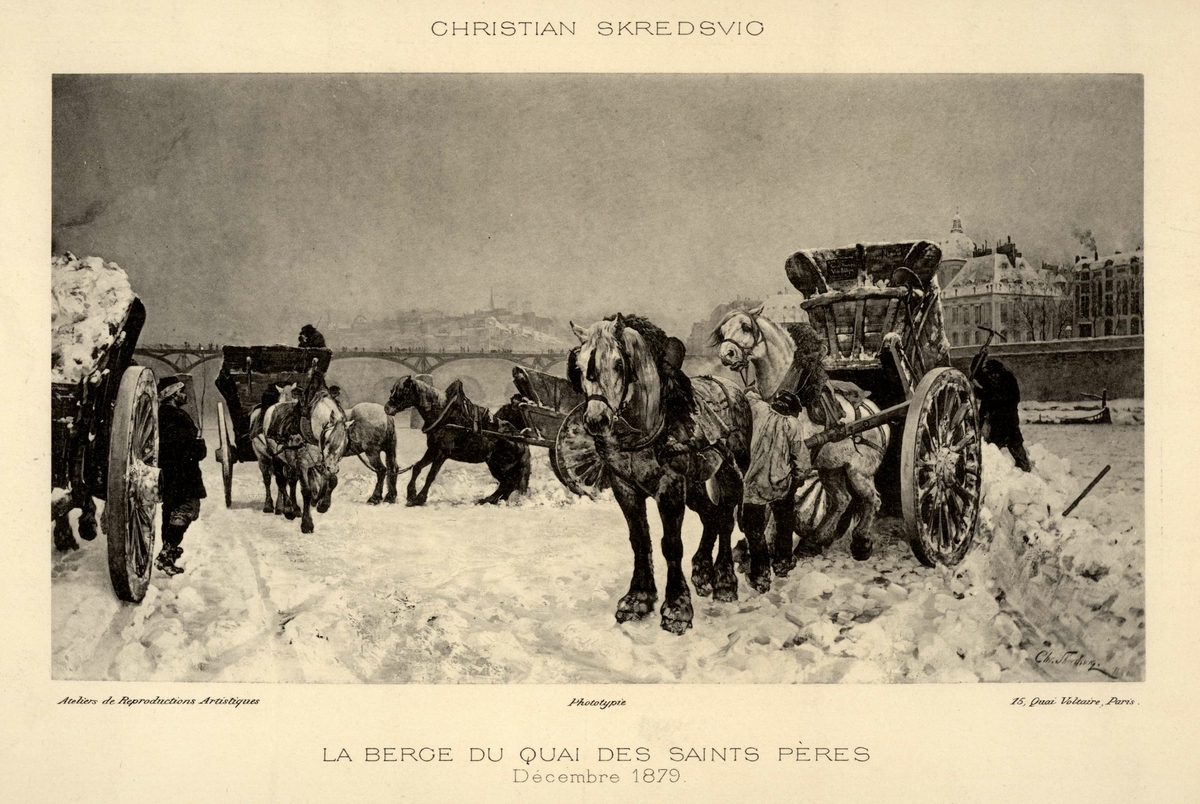 Paris med hester og vogner i snøen, snørydding