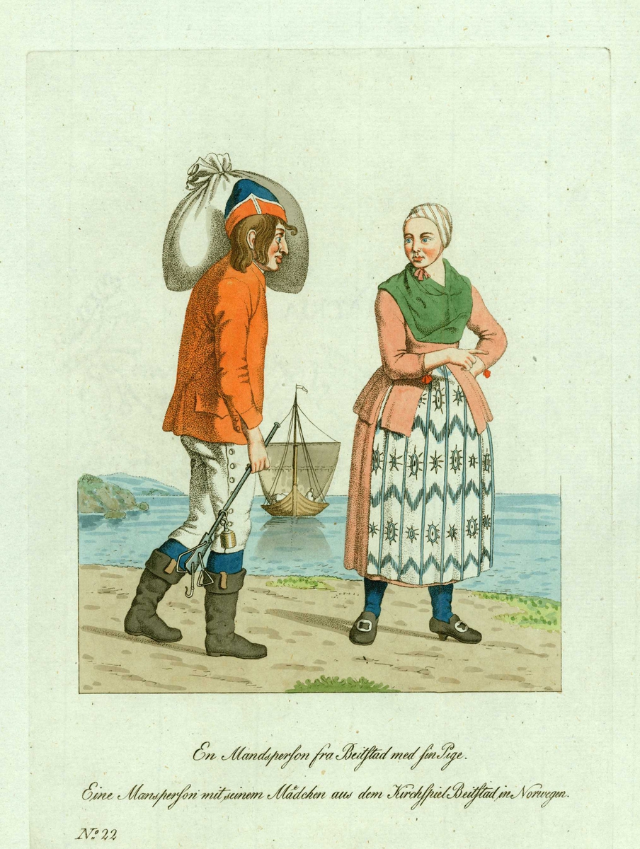 Mann og kvinne (jente) i folkedrakter fra Beitstad, Steinkjer, Nord-Trøndelag, i sjøkanten, han med bismer i høyre hånd og sekk over skulderen, trebåt under råseil i bakgrunnen. 