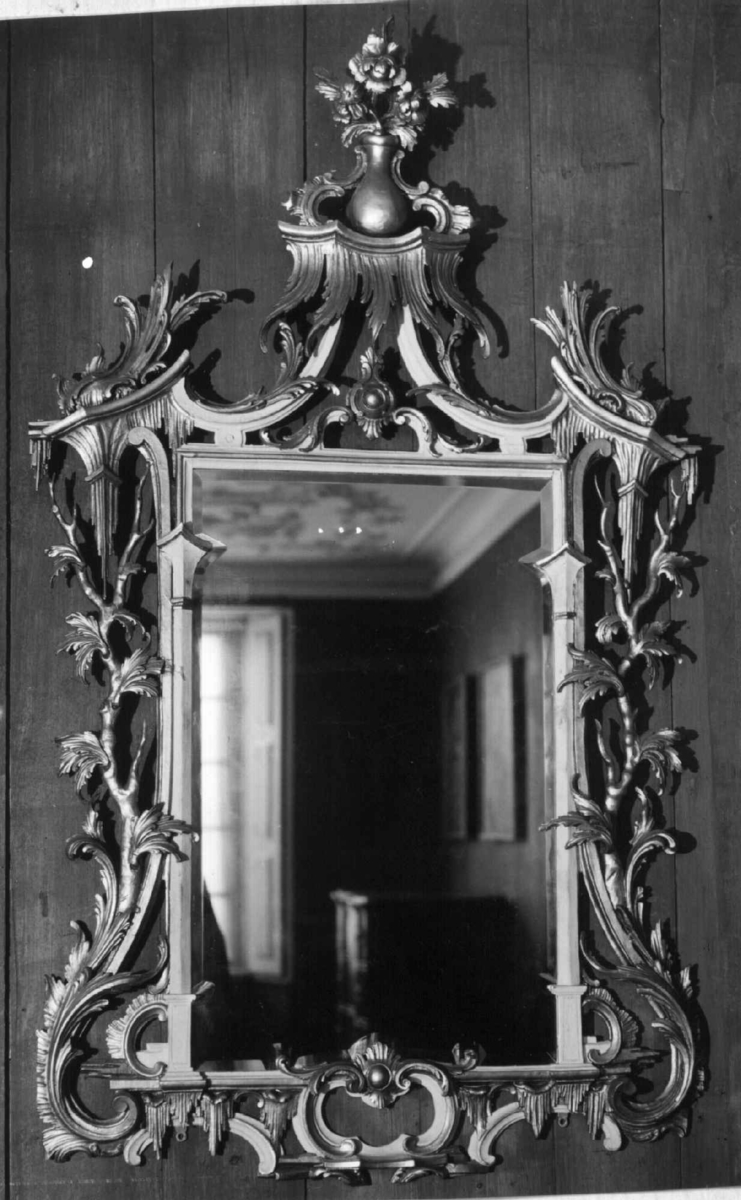 Rektangulært, høyreist speil med 2 speilplater, samt forgylt ramme med utskåret akantusvolutter, grener og blader.
Bakplate med ringfester og vaier til oppheng.