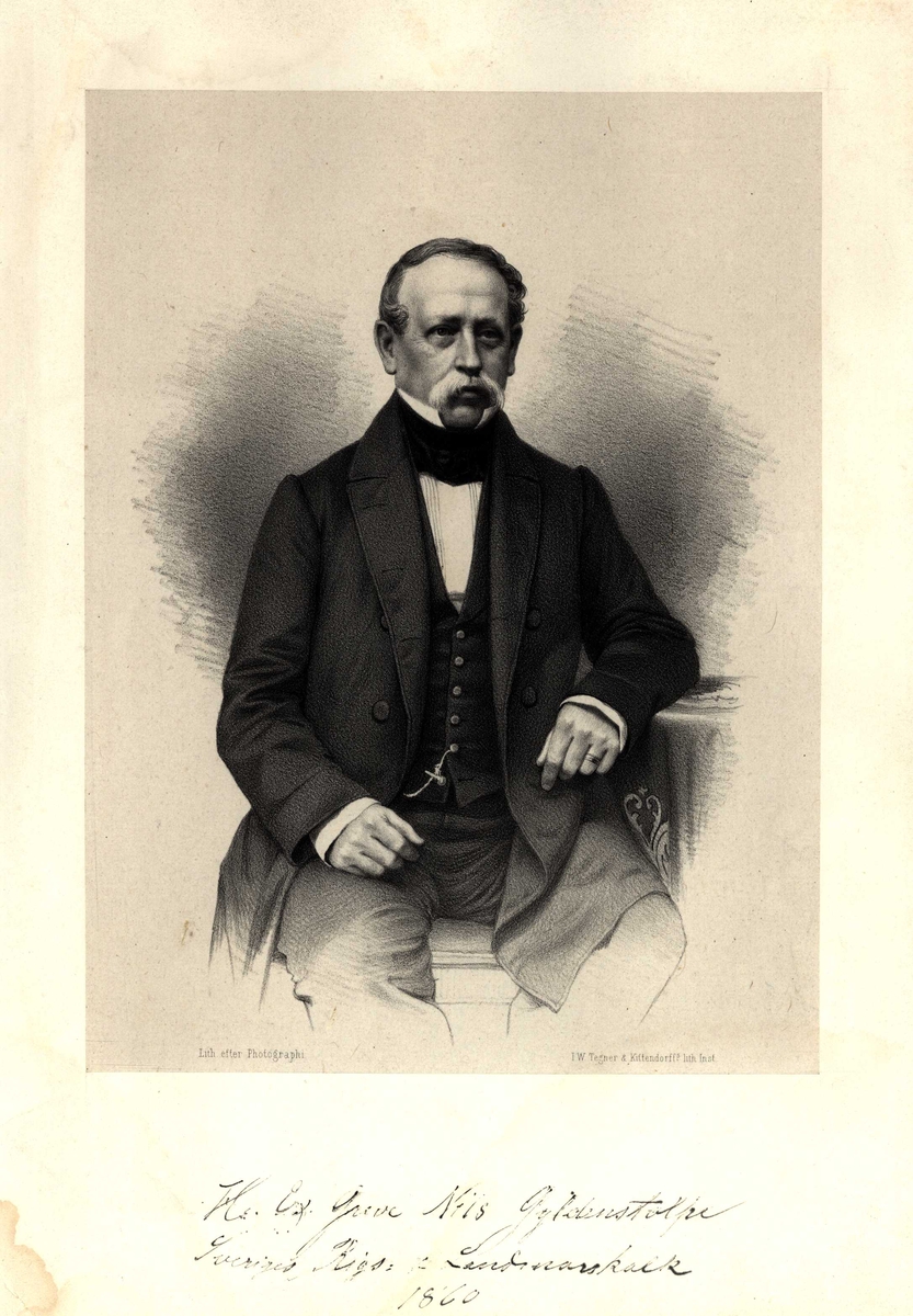 Portrett av sittende Nils Gyldenstolpe i vest og frakk