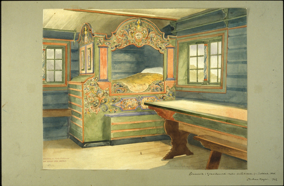 Joahn J. Meyers akvarell (1907) av stueinteriør, Lynnevik, Gransherad, Notodden, Telemark. Malt av  Knud Hovde i 1838.