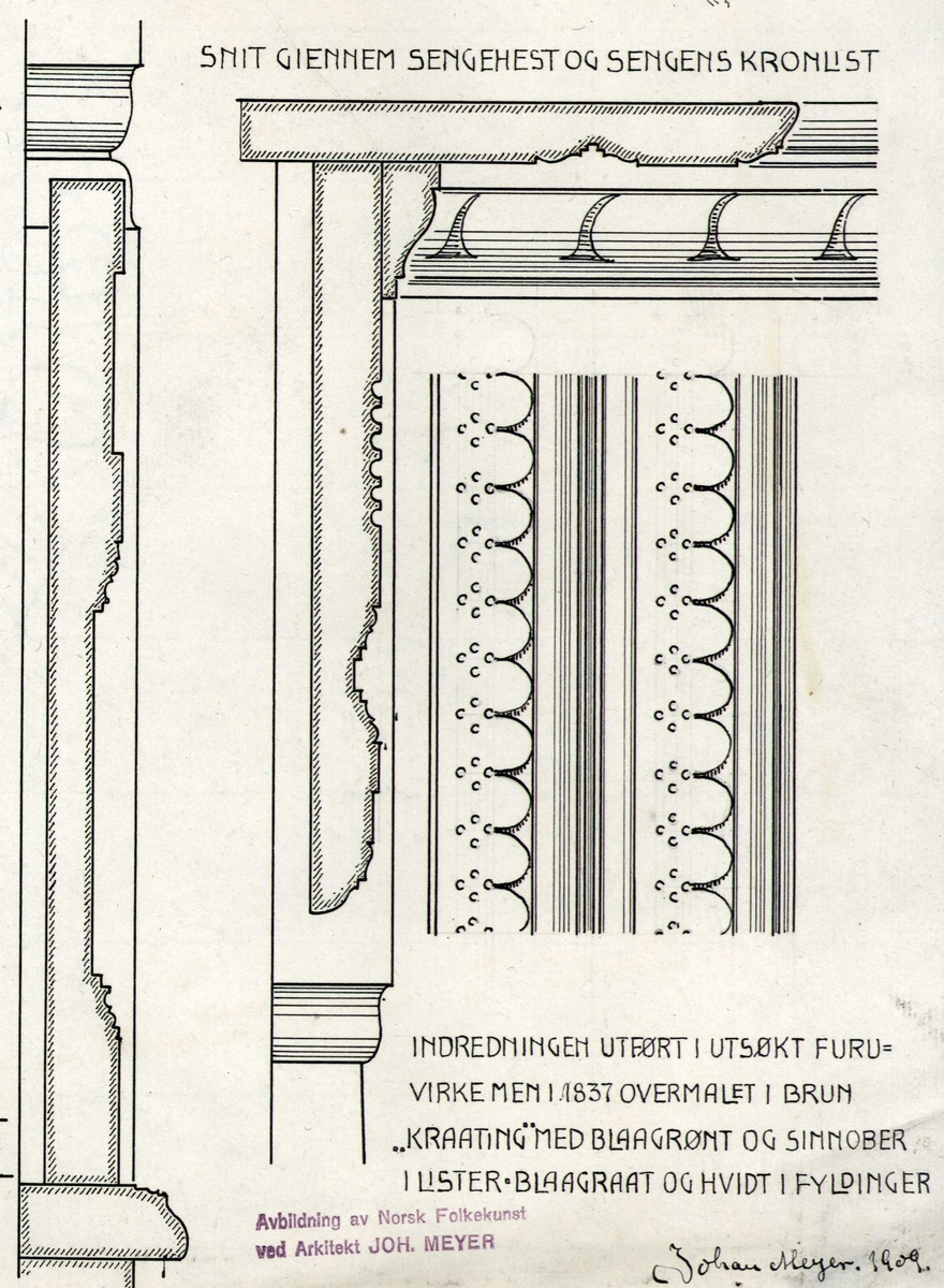 Johan J. Meyers tegning (1909) av tverrsnitt, langsnitt samt innredningsdetaljer i stuebygning, Bondal, Tuddal, Hjartdal, Telemark. Stuen satt opp i 1820 og innredet av Ola Persen Brændemo.