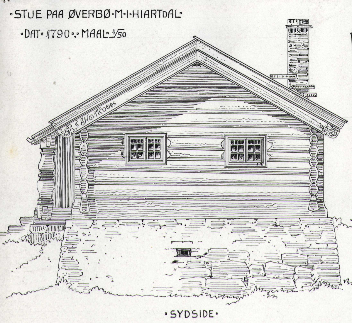 Johan J. Meyers tegning (1909) av stuebygning fra 1790 med langsnitt, tverrsnitt og grunnplan, Øverbø, Hjartdal, Telemark.
