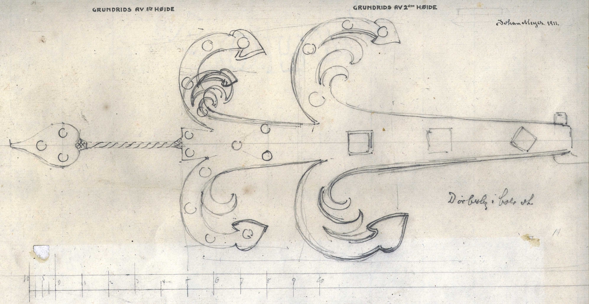 Johan J. Meyers tegning (1911) av loft, grunnplaner, dørbeslag, Tordhol, Lesja, Oppland. Ant. ca. 1740.