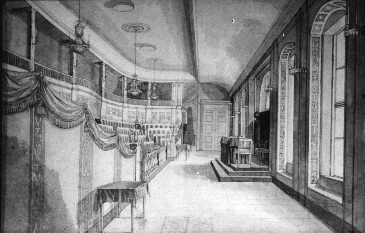 Tegning av den gamle stortingssalen av J. L. Losting (1836). Salen var ...