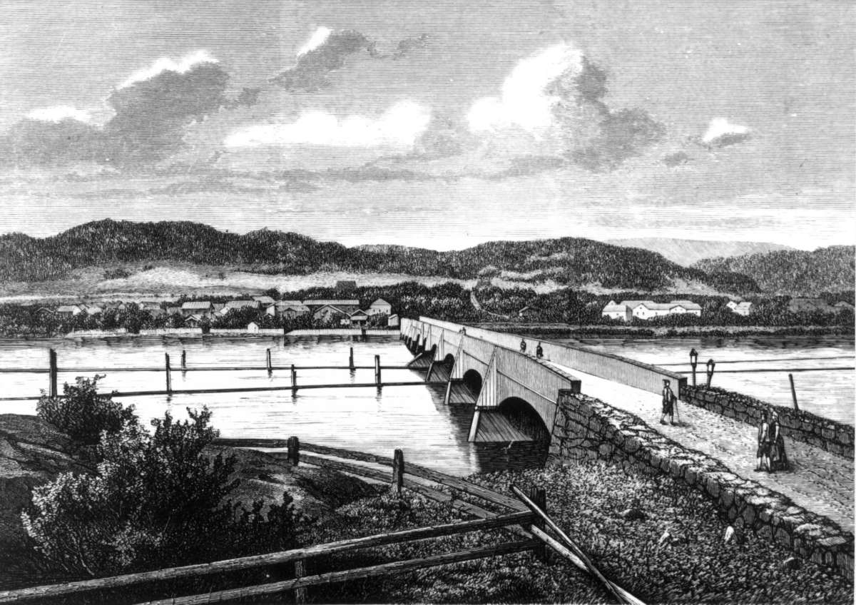 Gamle-Hokksund, bebyggelse, bro, tømmerlenser i Drammenselva.