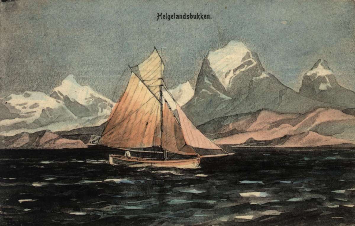 Postkort. Jule- og nyttårshilsen. Motiv fra Helgelandsbukken. Seilskute. Snøkledde fjell. Fjord. Stemplet 23.12.1907.