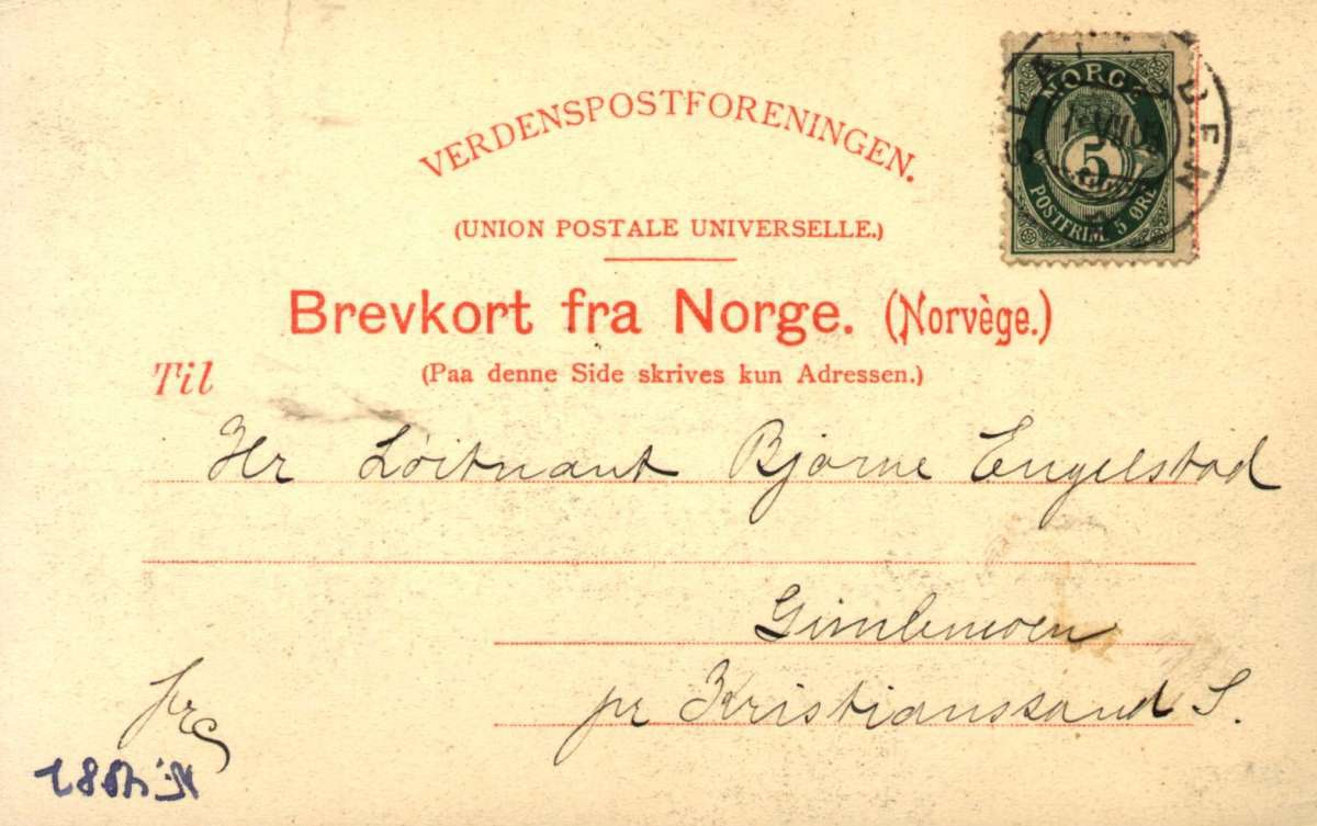 Postkort. Trær og brygge liggr langs en kanal i Asker. Dater 16.07.1903.