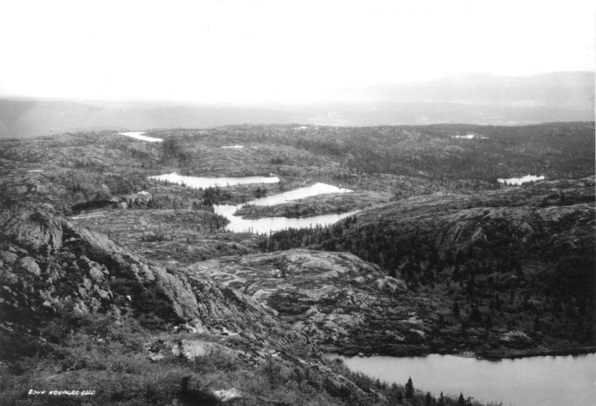 Buskerud ved Kongsberg. 1930. Oversiktsbilde over skog og fjellområde. Vann.