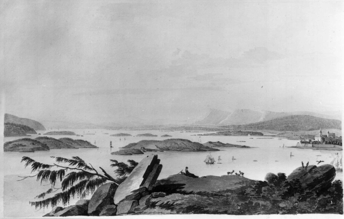 Oslo. Utsikt fra Ekeberg over fjorden. Akvarell av John William Edy. Størrelse 25,4x42,2.