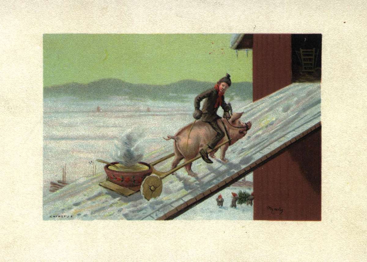 Julekort. Julehilsen. Vintermotiv. Julegrøten fraktes opp låvebrua av en gris. En mann sitter på grisen. Nisser med juletre ses under låvebrua. Datert julen 1901.
