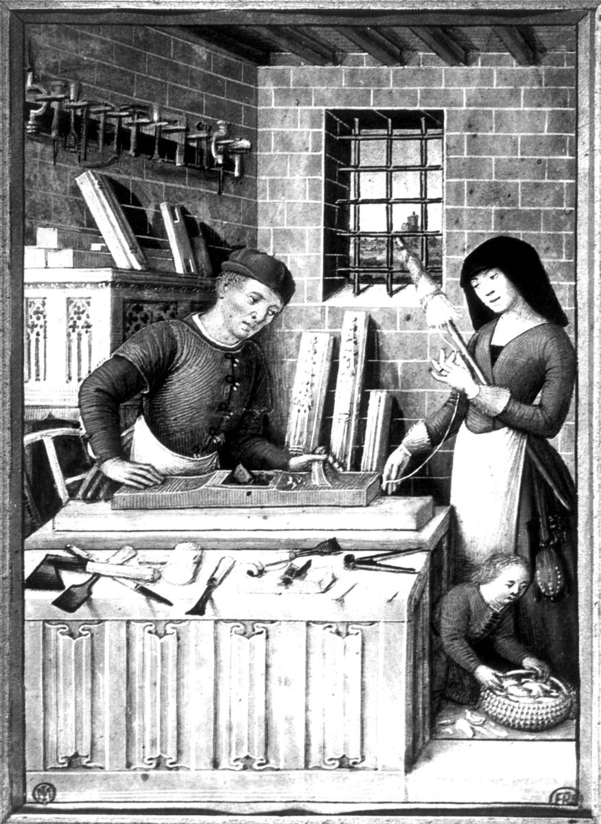 Interiør med en kvinne som spinner på Håndtein, En mann og et barn ved siden av. Illustrasjon fra 1400-tallet. Fra Sally Fox: The Medieval Woman, An illuminated book of days.