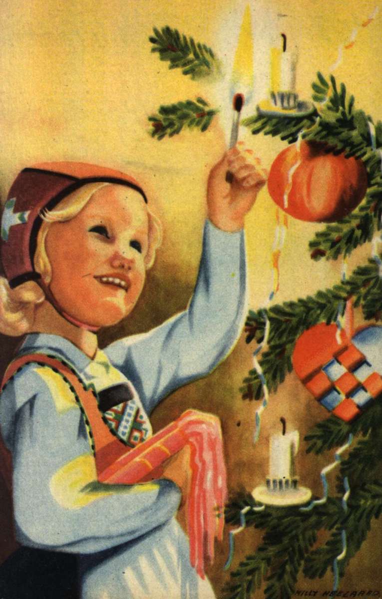 Julekort. Ubrukt. En bunadkledd jente tenner på stearinlys på juletreet. Illustrert av Milly Heegard.