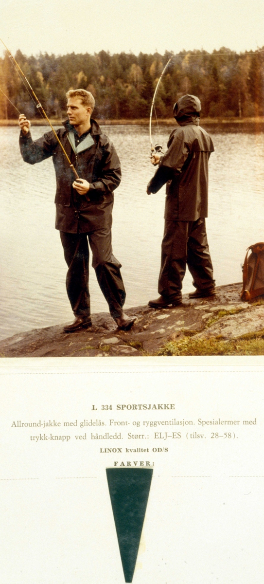 Reklame, to menn på fisketur i regndress