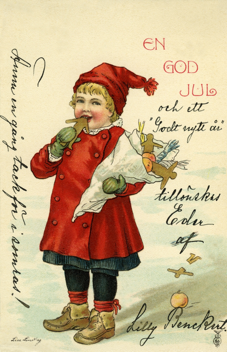 Postkort. Julekort. Jule- og nyttårshilsen. Liten pike kledd i rødt. Bærer pose med epler og pepperkaker. Illustrert av Lisa Lindberg(-Fröman).
