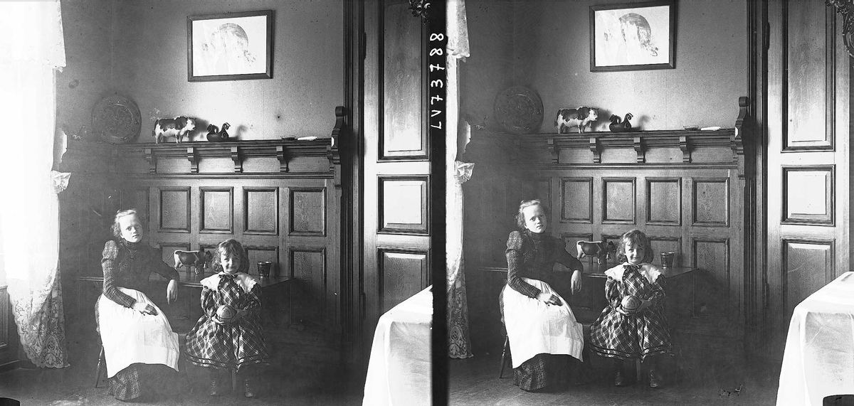 Interiør, familiemedlemmer, Margrethe og Karen Q. Wiborg, Oslo, 1899.