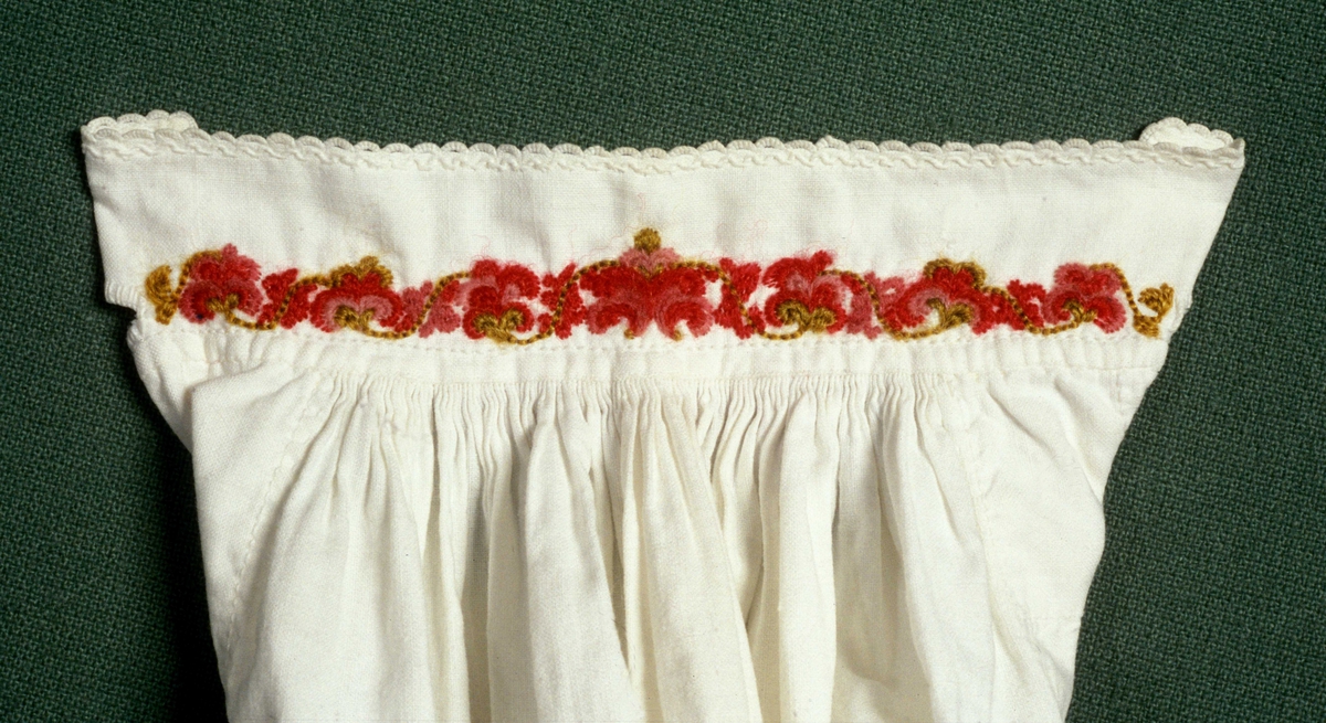 Mulig en del av Astrid Bakkes brudedrakt, fra Tinn i Telemark, da hun giftet seg i 1864.
Detalj av erme på skjorte.