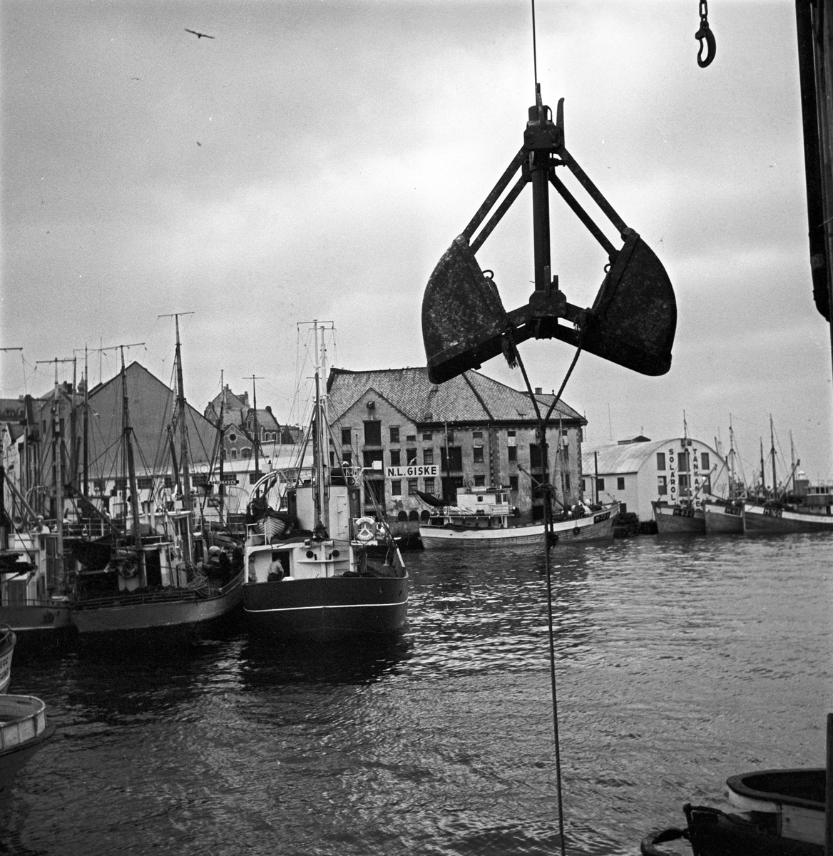 Ålesund, februar 1959, sildefiske. Fiskebåter ved brygga.