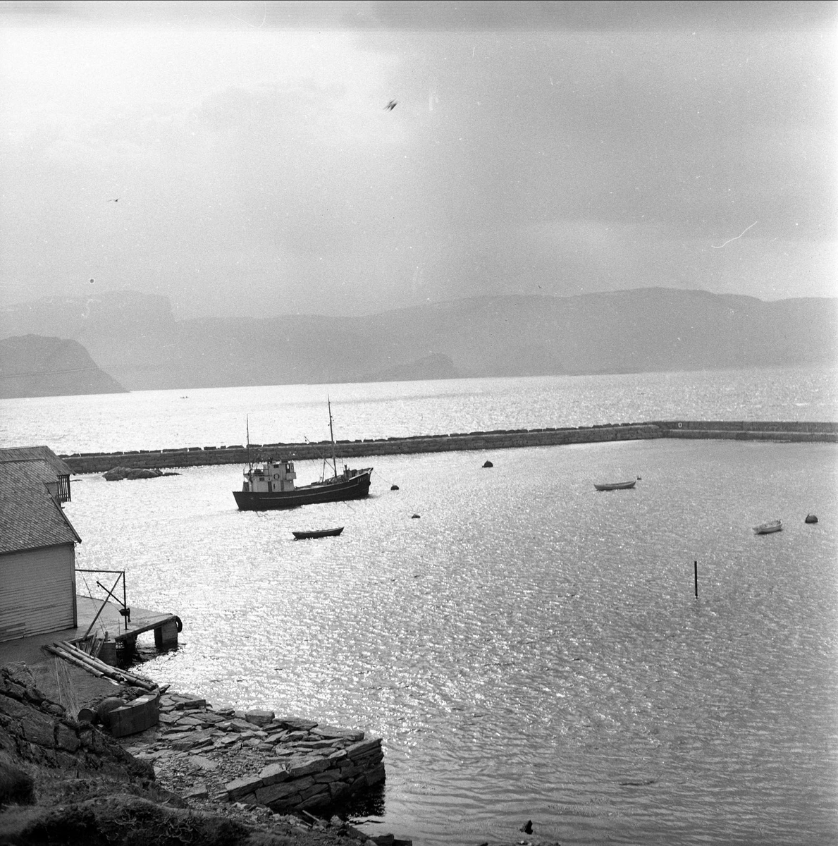 Øya Silda med hus båter og molo. Vågsøy mars 1963.