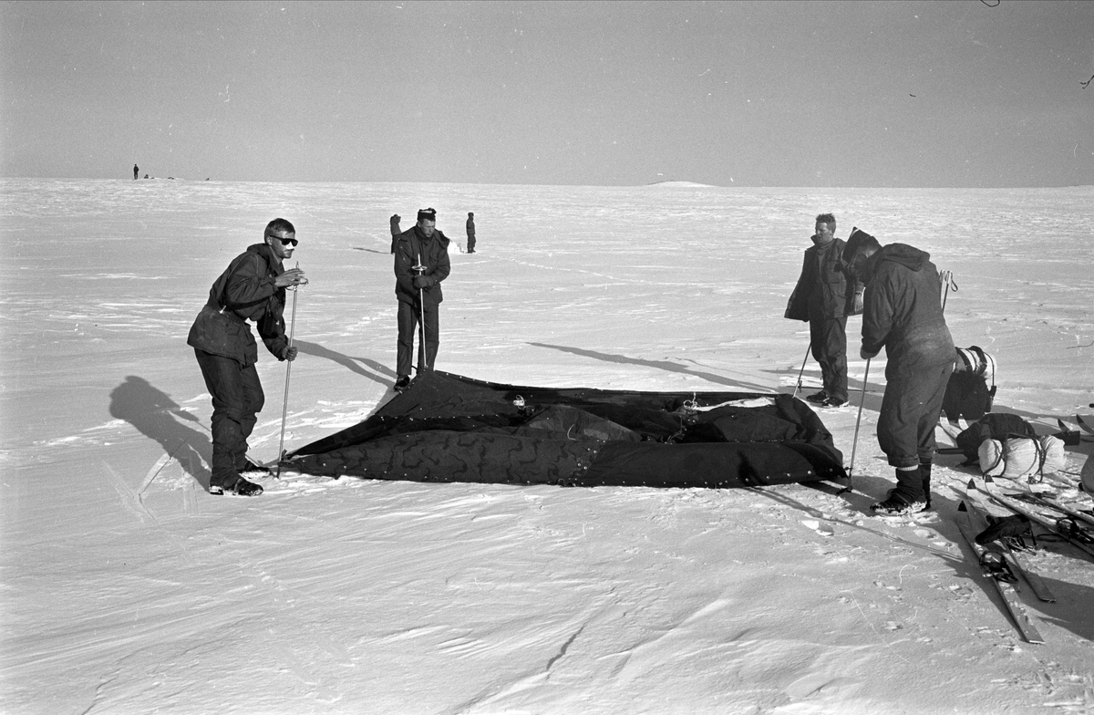 Gardister på fjelltur i Uvdalsfjellene, Nore og Uvdal, 13.03.1965. Setter opp telt.
