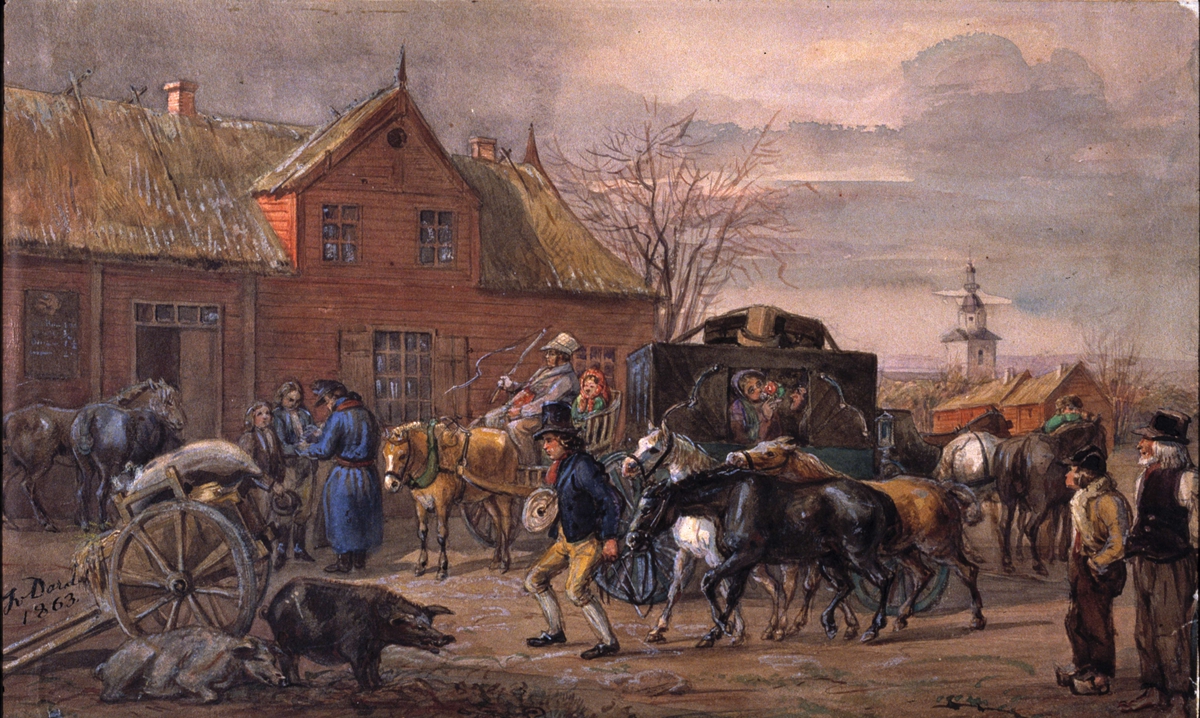 Gästgivaregård i Halland, 1863. Akvarell av Fritz von Dardel (1817-1901), Nordiska museets föremål inv nr 67493.