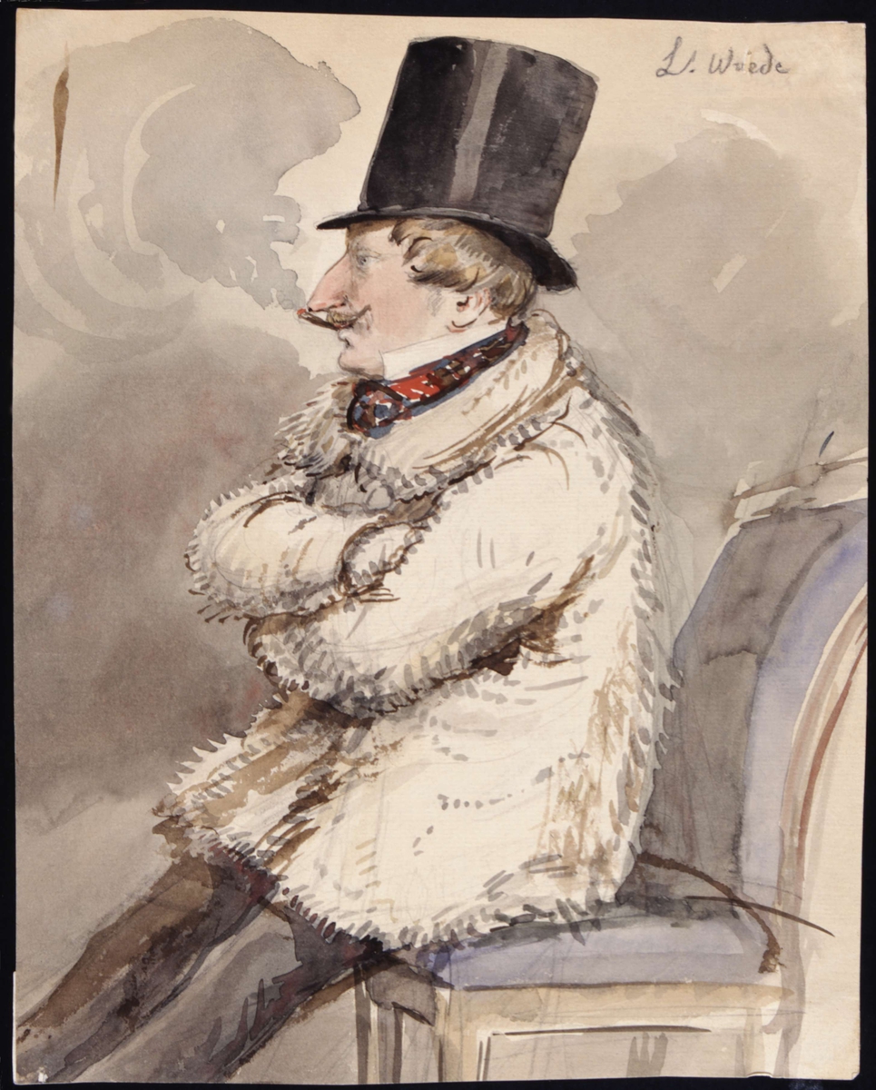 Man i pälsjacka och hög hatt sitter ytterst på en stol "L. Wiede". Akvarell av Fritz von Dardel.