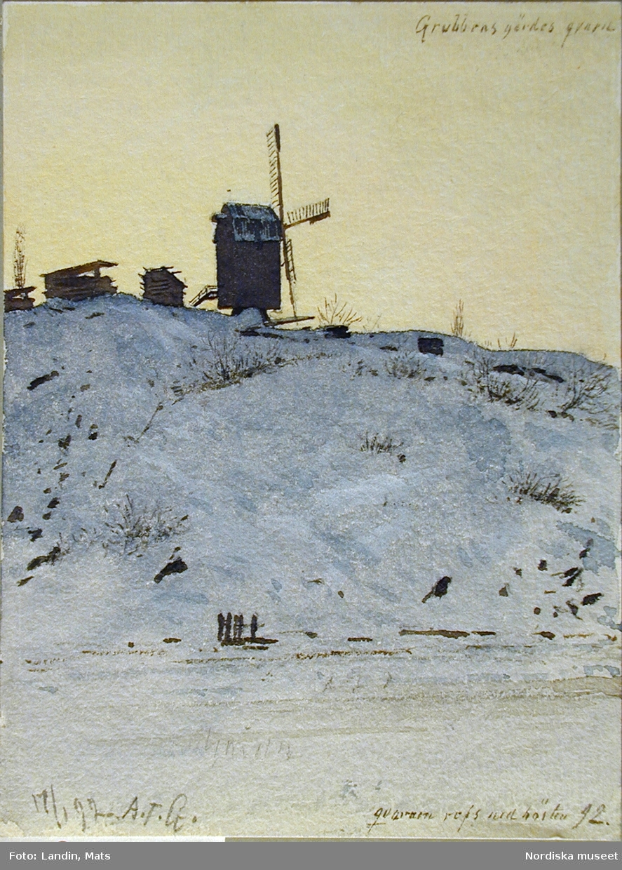 Akvarell av A T Gellerstedt. "Kvarnen i 'Grubbens gärde' ovanför Kungsholmsstrand vid Barnhusviken. 17 januari 1892"